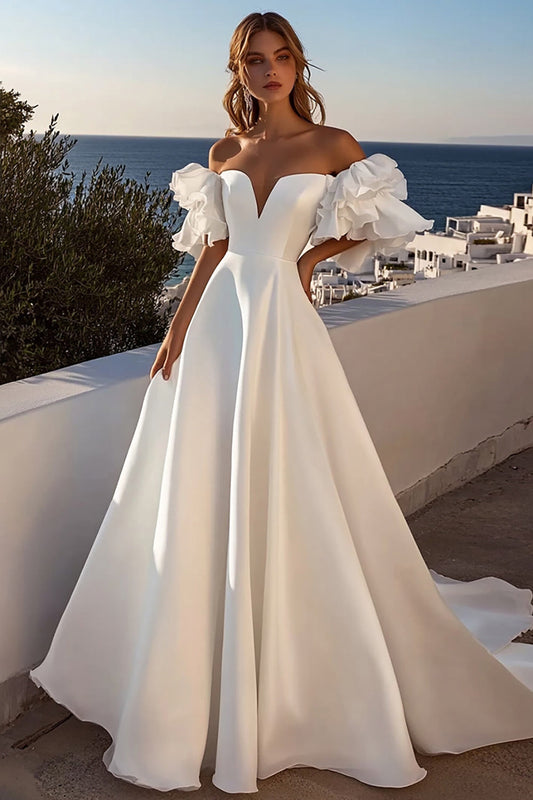 Ivory Off The Shoulder Ruffled Satin Long A Line Wedding Dress