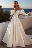 Ivory Off The Shoulder Ruffled Satin Long A Line Wedding Dress