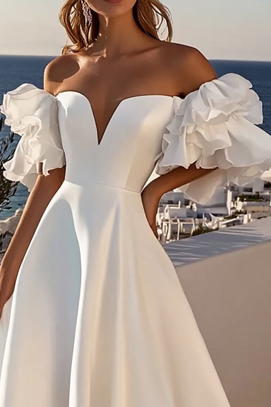 Ivory Off The Shoulder Ruffled Satin Long A Line Wedding Dress