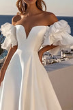Ivory Off The Shoulder Ruffled Satin Long A Line Wedding Dress