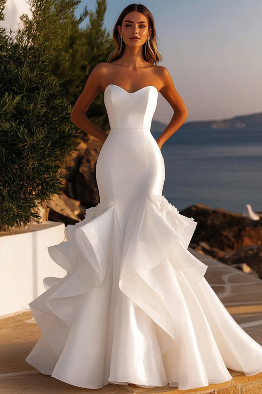 Organza Mermaid Ivory Sweetheart Long Satin Wedding Dress