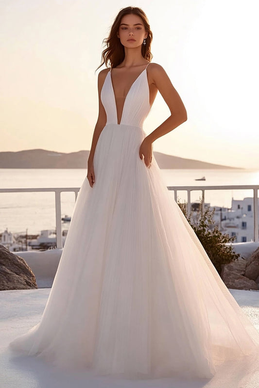 Ivory Tulle A Line Pleated Deep V Neck Long Wedding Dress