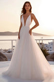 Ivory Tulle A Line Pleated Deep V Neck Long Wedding Dress