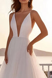 Ivory Tulle A Line Pleated Deep V Neck Long Wedding Dress