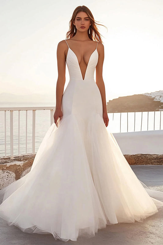 Mermaid Ivory Deep V-Neck Tulle Wedding Dress
