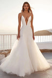 Mermaid Ivory Deep V-Neck Tulle Wedding Dress