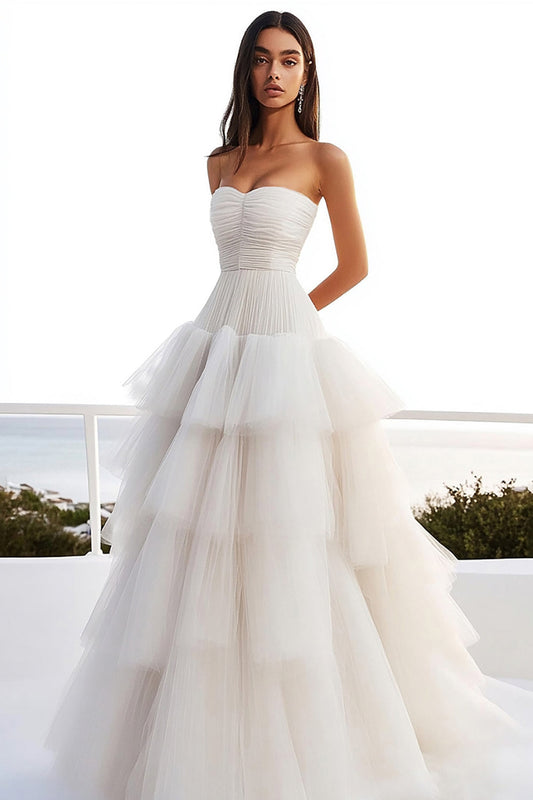 Ivory Tiered Tulle A Line Strapless Long Wedding Dress