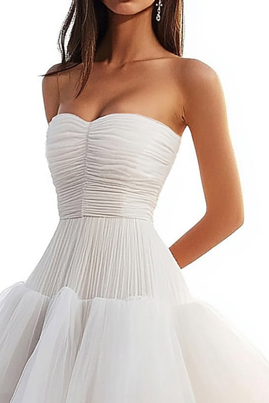 Ivory Tiered Tulle A Line Strapless Long Wedding Dress