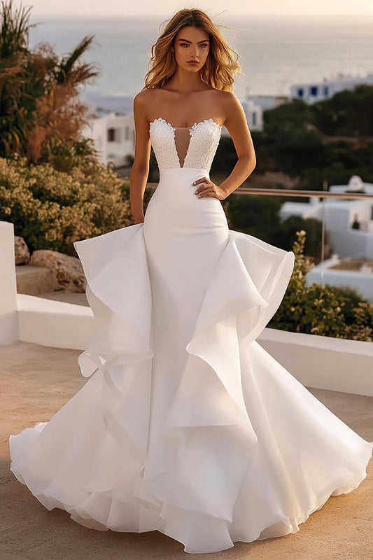 Strapless Mermaid Ivory Organza Long Wedding Dress