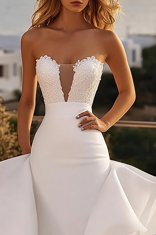 Strapless Mermaid Ivory Organza Long Wedding Dress