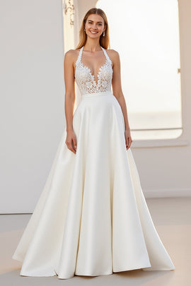 Ivory Halter Lace A Line Long Satin Wedding Dress