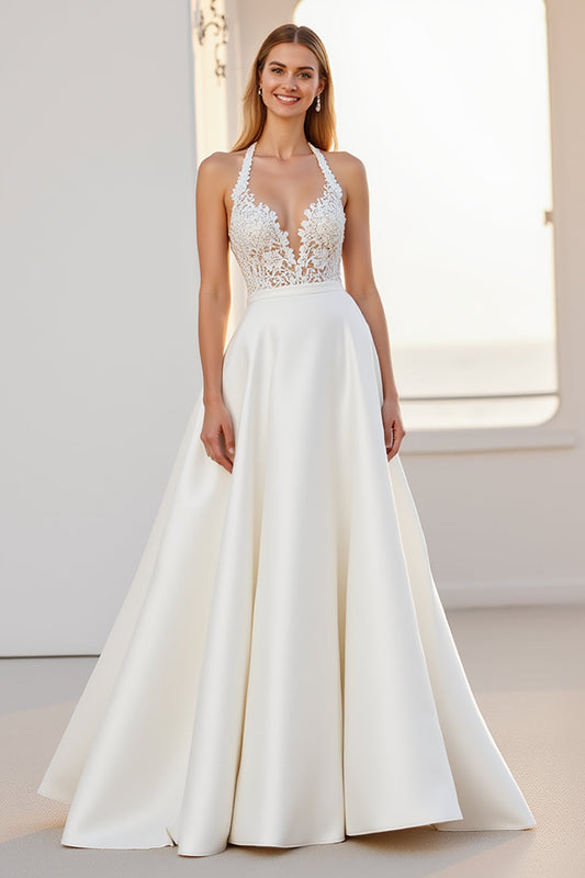 Ivory Halter Lace A Line Long Satin Wedding Dress