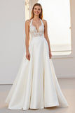 Ivory Halter Lace A Line Long Satin Wedding Dress