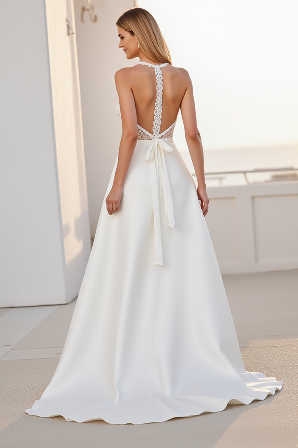 Ivory Halter Lace A Line Long Satin Wedding Dress