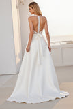 Ivory Halter Lace A Line Long Satin Wedding Dress