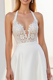 Ivory Halter Lace A Line Long Satin Wedding Dress