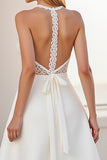 Ivory Halter Lace A Line Long Satin Wedding Dress
