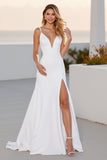 Ivory Crepe Spaghetti Straps A Line Long Wedding Dress With Slit