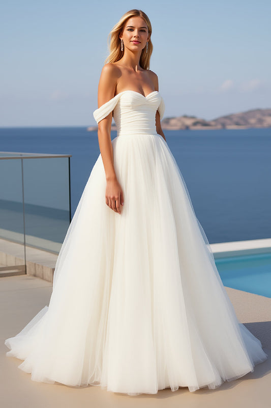 Ivory Crepe Tulle A Line Off The Shoulder Long Wedding Dress