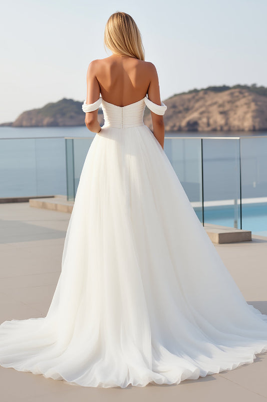Ivory Crepe Tulle A Line Off The Shoulder Long Wedding Dress