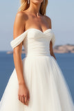 Ivory Crepe Tulle A Line Off The Shoulder Long Wedding Dress