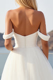 Ivory Crepe Tulle A Line Off The Shoulder Long Wedding Dress