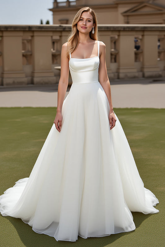 Ivory Spaghetti Straps A Line Organza Long Satin Wedding Dress