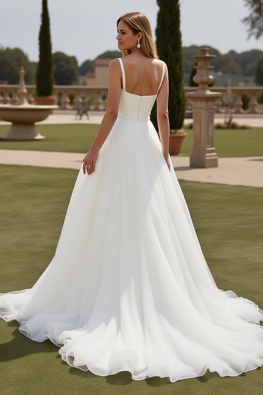 Ivory Spaghetti Straps A Line Organza Long Satin Wedding Dress