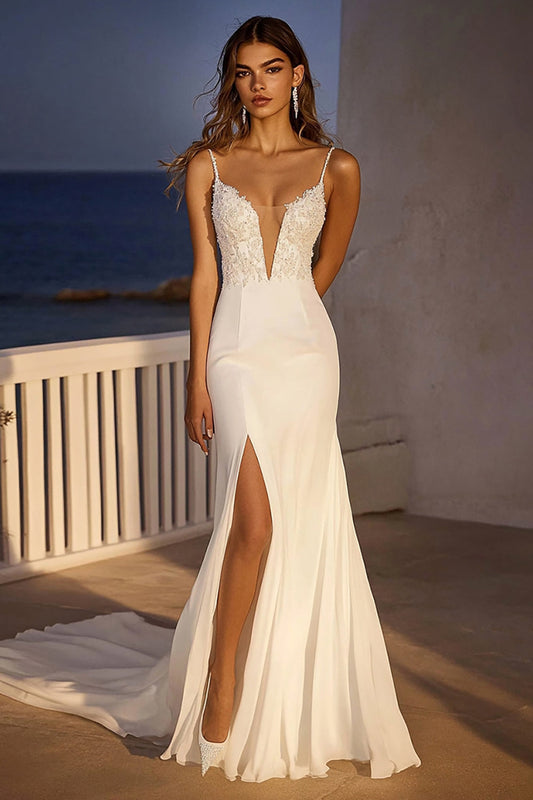 Ivory Spaghetti Straps Mermaid Tulle Wedding Dress With Slit