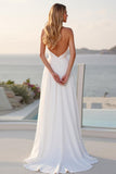 Ivory Halter A Line Stretch Satin Long Wedding Dress With Slit