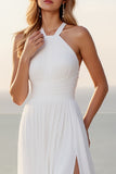 Ivory Halter A Line Stretch Satin Long Wedding Dress With Slit