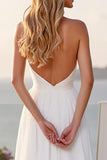 Ivory Halter A Line Stretch Satin Long Wedding Dress With Slit