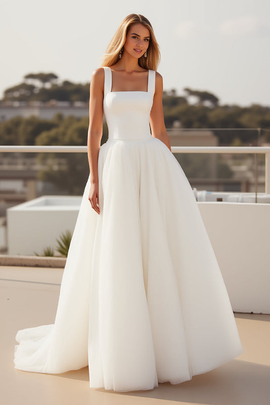 Ivory Square Neck A Line Crepe Long Wedding Dress