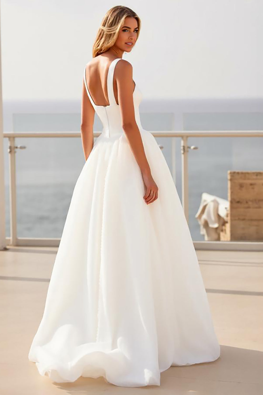 Ivory Square Neck A Line Crepe Long Wedding Dress