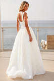 Ivory Square Neck A Line Crepe Long Wedding Dress