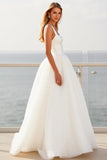 Ivory Square Neck A Line Crepe Long Wedding Dress