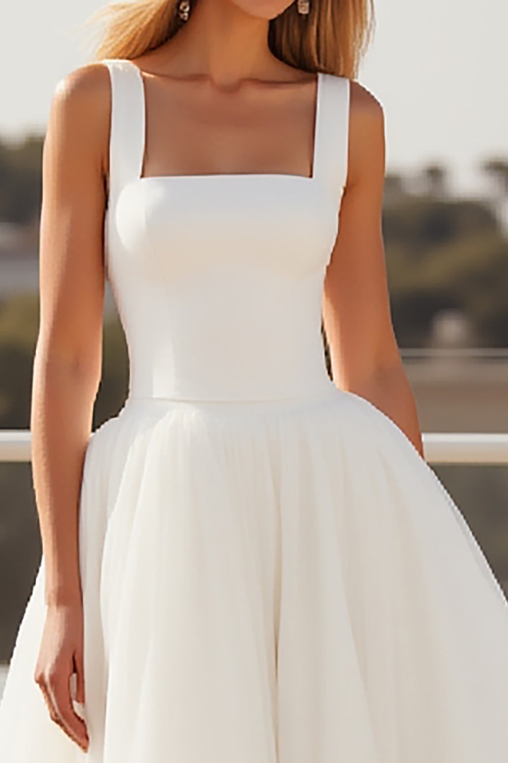 Ivory Square Neck A Line Crepe Long Wedding Dress