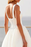 Ivory Square Neck A Line Crepe Long Wedding Dress