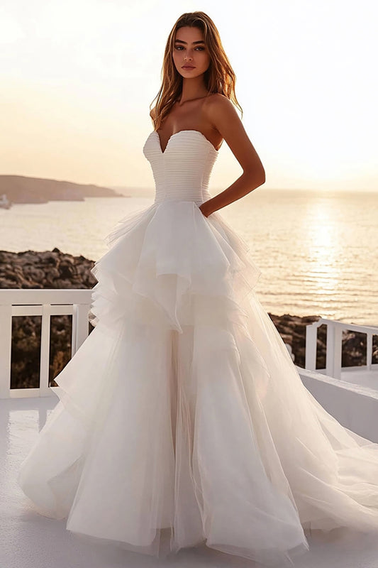 Ivory Tulle Strapless Pleated A Line Long Wedding Dress