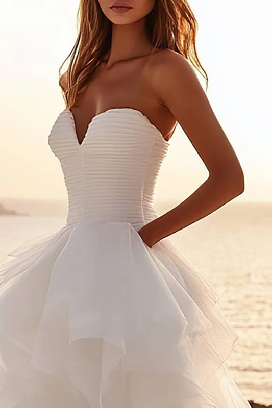 Ivory Tulle Strapless Pleated A Line Long Wedding Dress