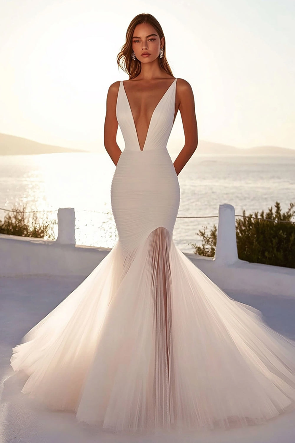 Ivory Deep V Neck Mermaid Tulle Long Wedding Dress