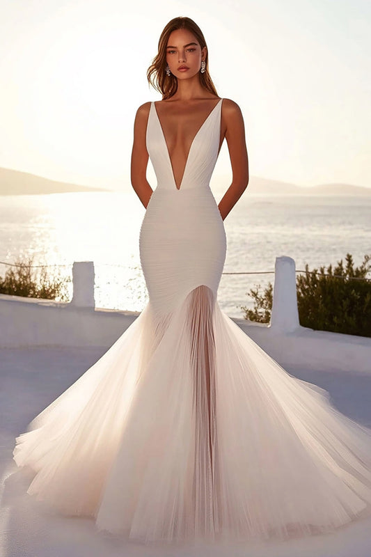 Ivory Deep V Neck Mermaid Tulle Long Wedding Dress