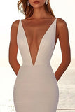 Ivory Deep V Neck Mermaid Tulle Long Wedding Dress