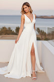 Ivory Chiffon V Neck A Line Long Wedding Dress with Slit