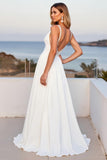 Ivory Chiffon V Neck A Line Long Wedding Dress with Slit