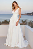 Ivory Chiffon V Neck A Line Long Wedding Dress with Slit