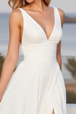 Ivory Chiffon V Neck A Line Long Wedding Dress with Slit