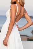 Ivory Chiffon V Neck A Line Long Wedding Dress with Slit