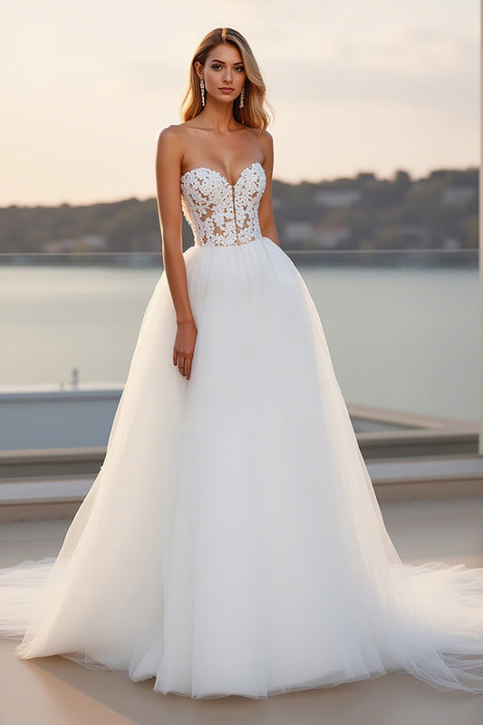 Ivory Sweetheart A Line Long Tulle Wedding Dress with Lace