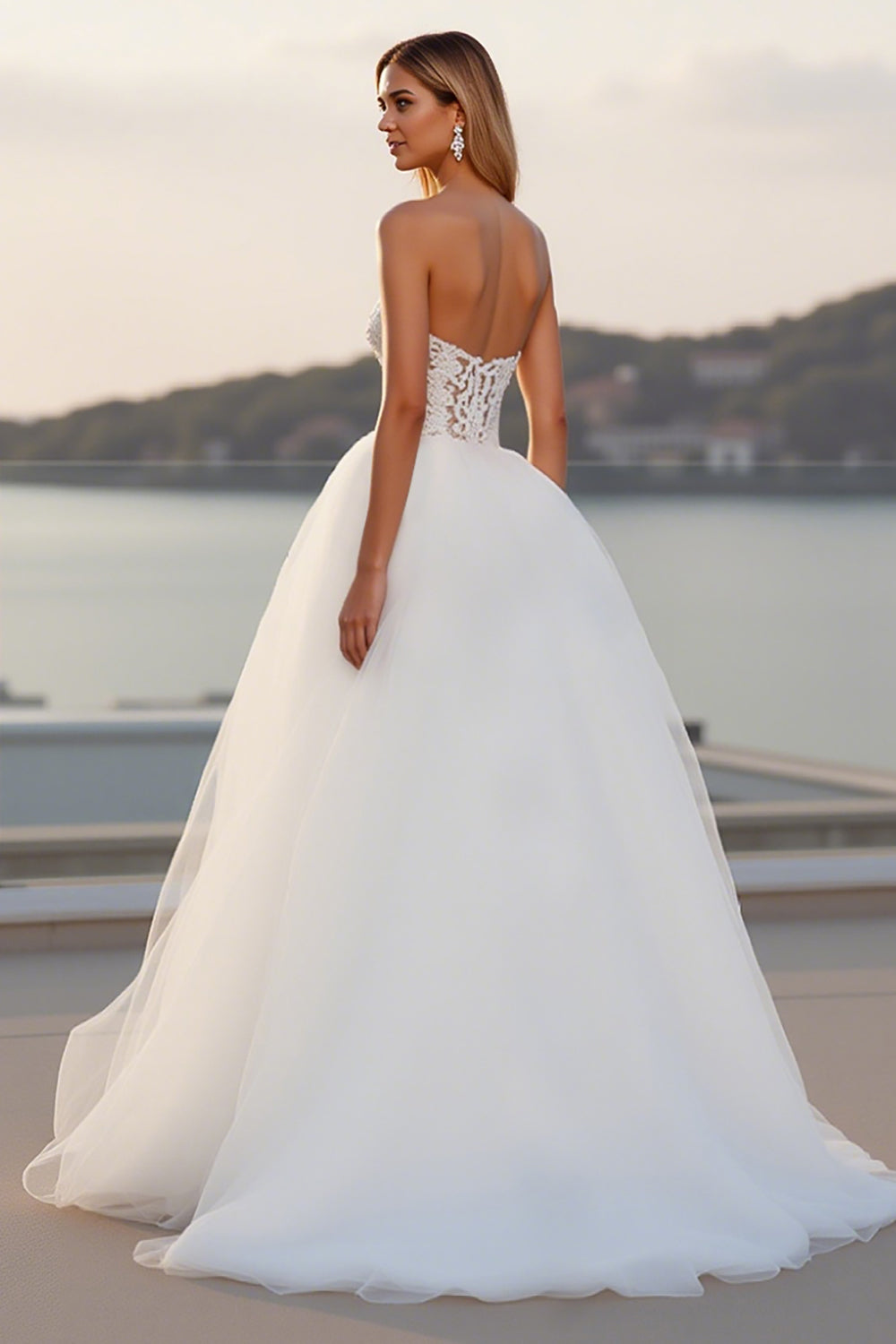 Ivory Sweetheart A Line Long Tulle Wedding Dress with Lace